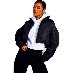PrettyLittleThing Black Nylon Super Cropped Toggle Hem Puffer Jacket